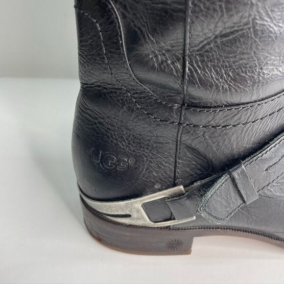 Ugg Womens Boots Sz 7 Channing II Black Leather Harness Knee High Riding Shoes - Picture 2 of 9